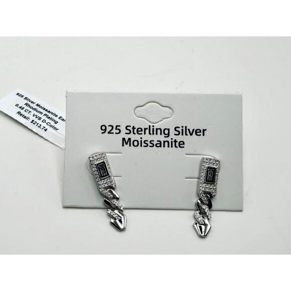 925 Sterling Silver Moissanite Drop Earrings, Rhodium Plated, Pave CZ Desig - Picture 2 of 4
